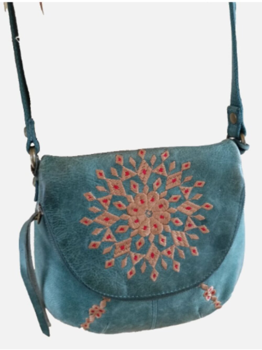 Lucky Brand Genuine Leather Embroidery Shoulder Bag Multiple Compartments Green - Picture 3 of 16